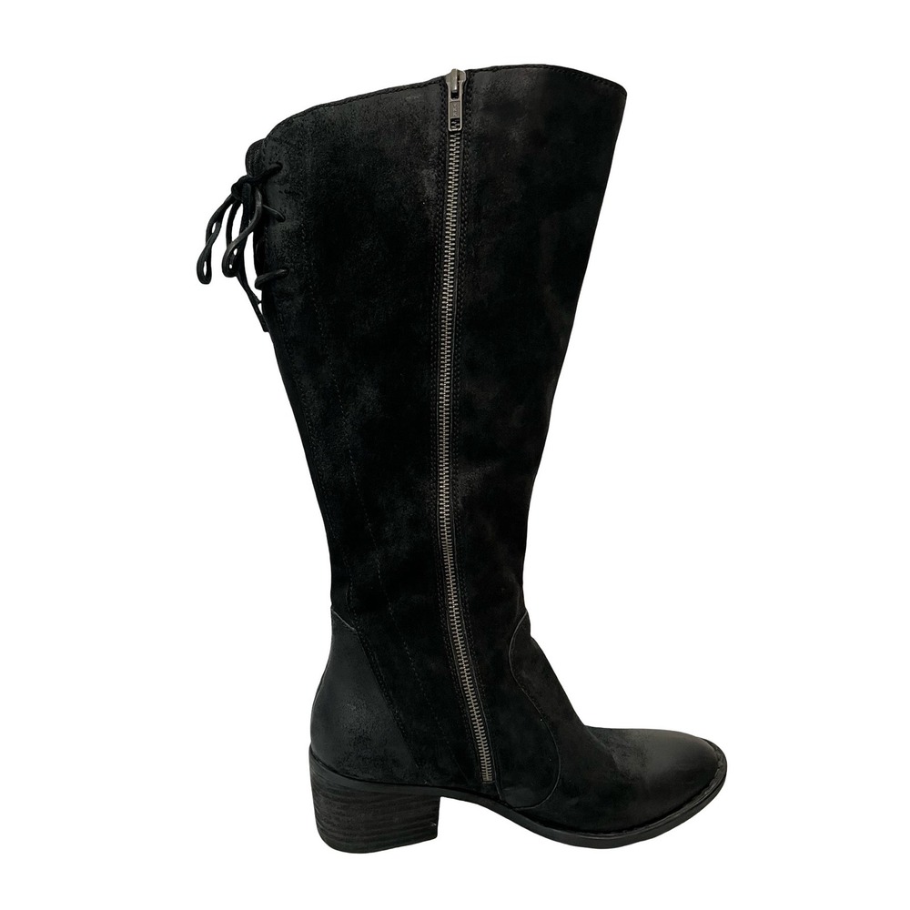Born F33109 Black Distressed Suede Knee High Lace Up Back Boots Womens 10M WC